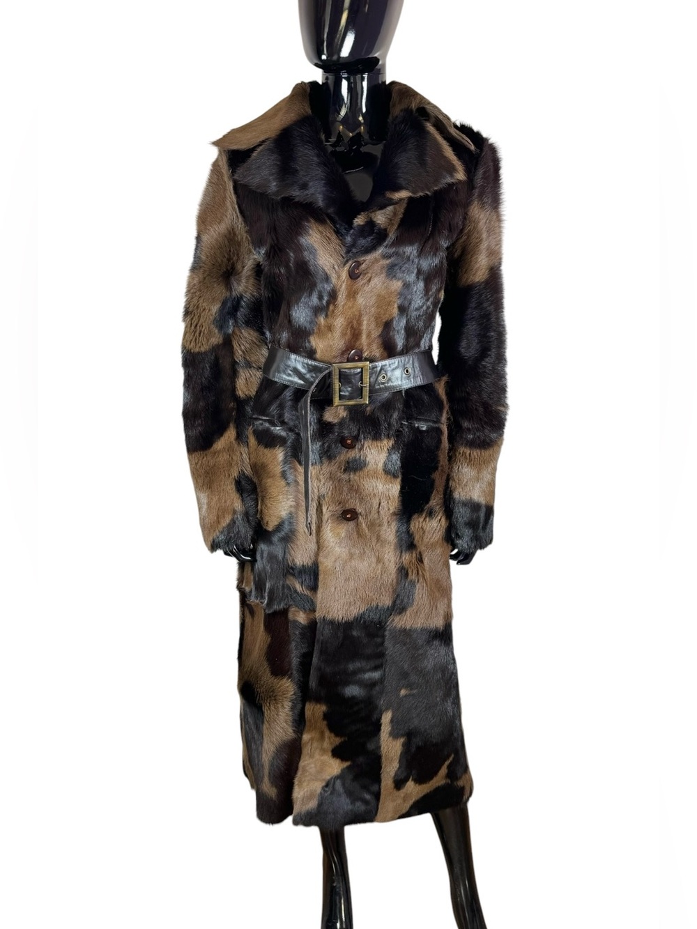 Cowskin Long Brown & Black cow hair  shearling Fur Belted coat